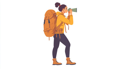 Female backpacker with travel gear, standing outdoors and looking through binoculars