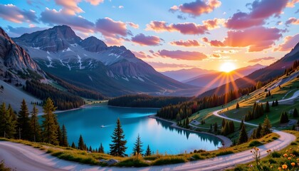 a serene landscape of a mountainous region at sunset. the sky is painted with hues of orange, casting a warm glow over the landscape