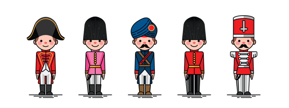 Vintage wooden toy soldier, the nutcracker, cute cartoon illustration of traditional soldiers or guardsman in historical uniform. Flat vector style.