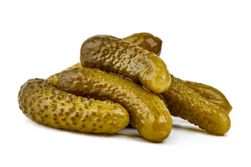 Pickles. Preserved cucumbers, marinated gherkin, isolated on white background.