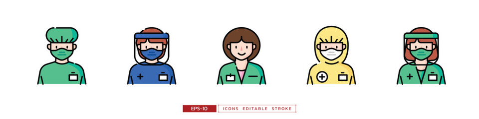 Doctors character icon set includes doctor in various uniform. Modern cartoon style. Editable stroke and flat vector illustration isolated on white background.