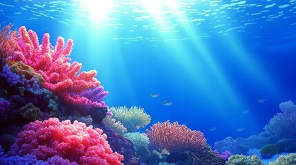 Vibrant Coral Reef Underwater Sunbeams, Digital Painting, Ocean Life, Scuba Diving, Marine Biology. Coral Reef, Ocean