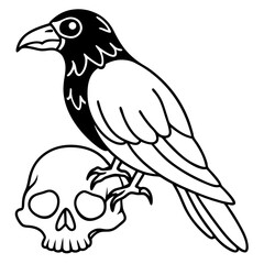 Fototapeta premium Gothic-Style Crow Perched on Skull in Detailed Vector Outline