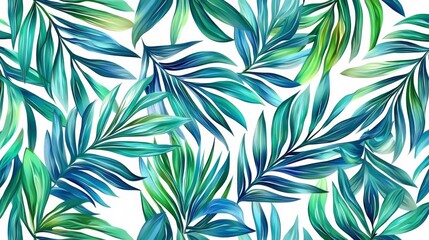Vibrant Teal Palm Leaf Seamless Pattern Digital Painting, Tropical Illustration, White Background, Summer Design, Palm Leaves. Tropical, Seamless Pattern