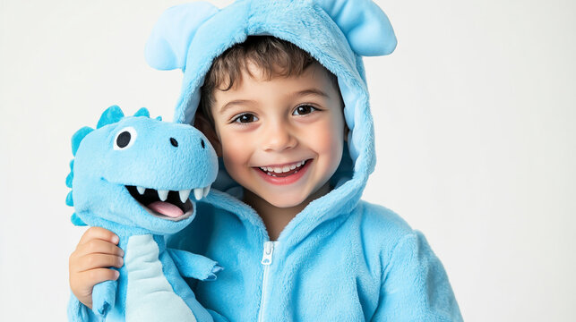 Happy kid in a playful blue dinosaur costume with a coordinating plush dinosaur toy, smiling and looking at camera