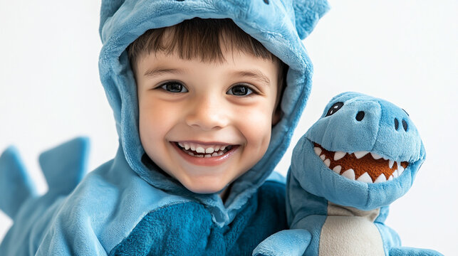 Happy kid in a playful blue dinosaur costume with a coordinating plush dinosaur toy, smiling and looking at camera