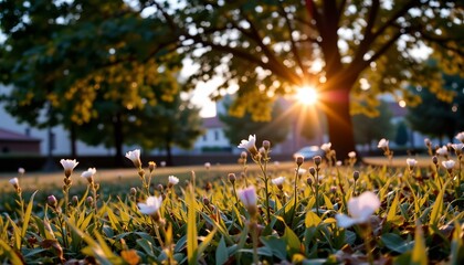 a serene garden at sunrise, with sunlight streaming through tree branches onto flowering plants