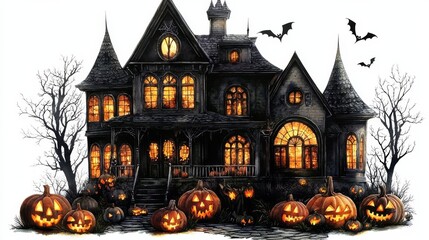 Watercolor Halloween Haunted House with Pumpkins, Bats, Gothic Architecture, Spooky Scene, Halloween Illustration Halloween, Watercolor
