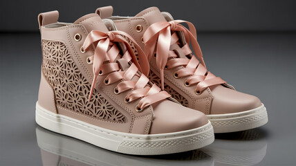 A product photograph of a pair of light beige high-top sneakers with decorative cutout patterns on the sides.
