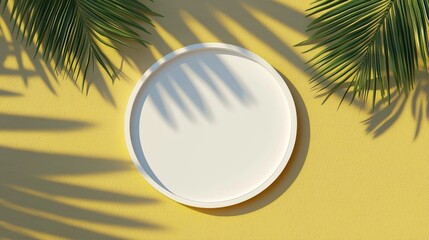 White Circle Frame with Palm Leaf Shadows on Yellow Wall, Minimalist Summer Mockup, Tropical Design, Summer Background Mockup,Summer