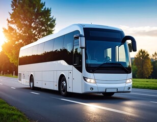 White bus on highway at sunset (1)