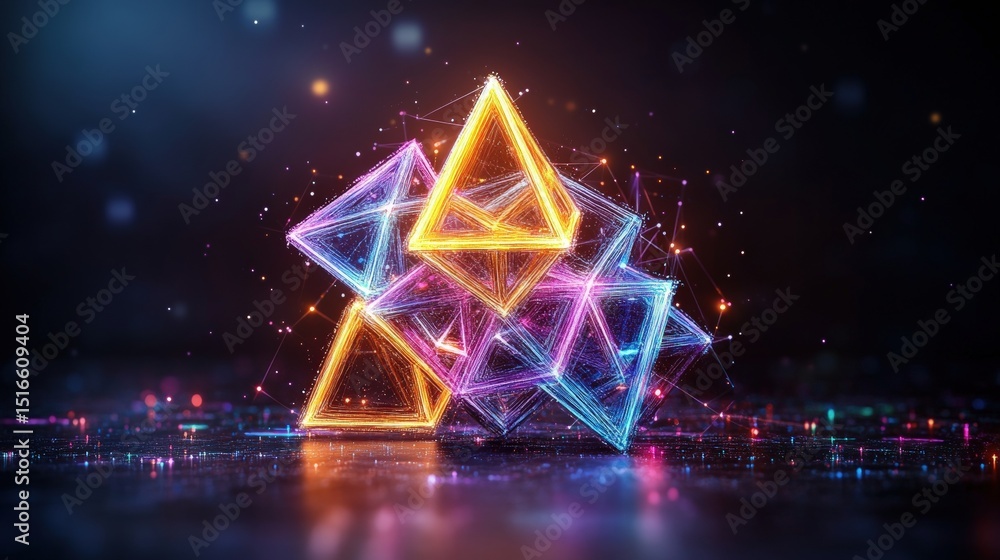 Poster vibrant glowing geometric neon triangles cubes and pyramids in a dark sci-fi environment with reflec