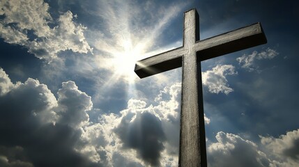 Wooden Cross Silhouette Against Sunlit Clouds, Christianity, Faith,Hope, Religious Symbol
