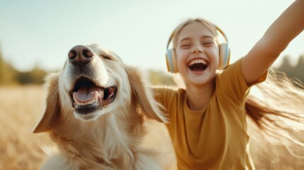 A happy girl wearing headphones enjoys time outdoors with her golden retriever dog in a sunny field, expressing joy and connection with her furry friend.