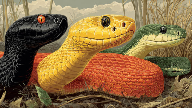 Black mamba Dendroaspis polylepis, milk snake, yellow spine bellied Pelamis platura, Trimeresurus Salazar, Ahaetulla prasinus, San Francisco garter Thamnophis sirtalis tetrataenia Cartoon vector set