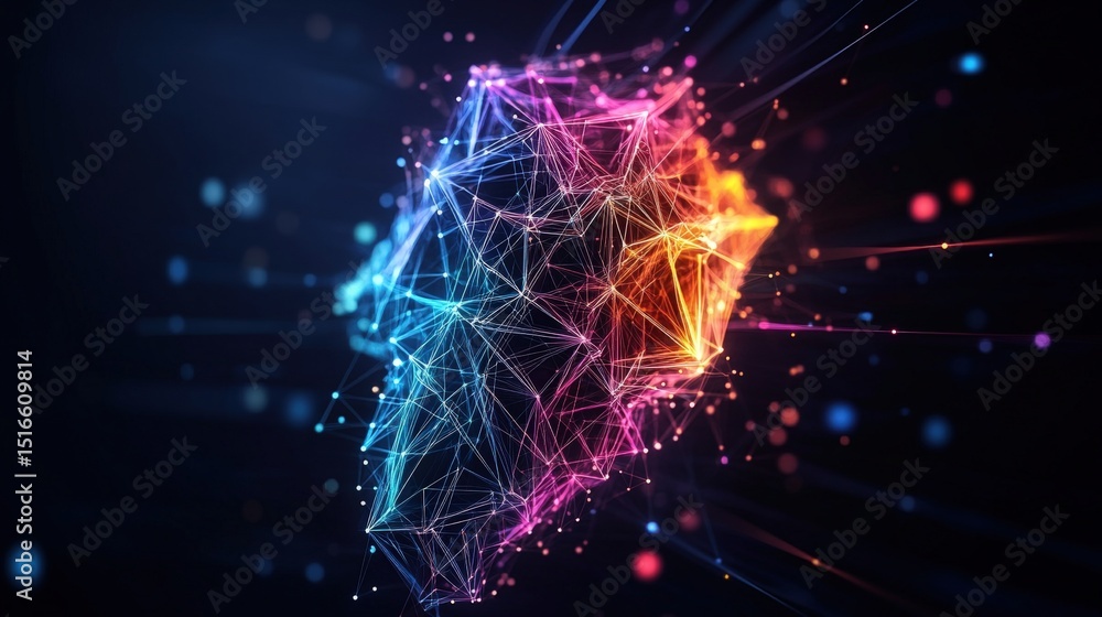 Poster abstract digital neural network illustration with vibrant interconnected glowing nodes and lines vis