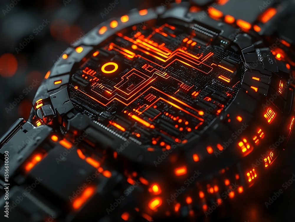 Aufkleber futuristic technology core with glowing circuit pathways and dark metallic shell