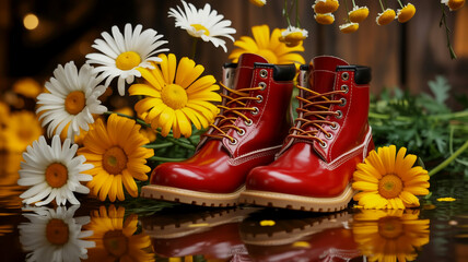 A product photography composition featuring a pair of glossy red leather work boots with metal eyelets and laces, positioned in the center of the frame.