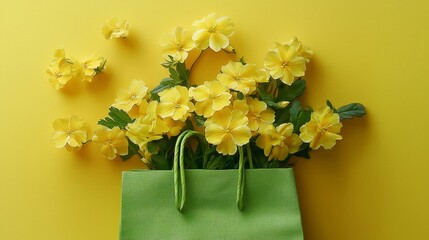 Yellow Pansy Bouquet in Green Shopping Bag Flatlay Photography, Spring Flowers, Minimalist Concept, Yellow Background spring flowers, flatlay photography