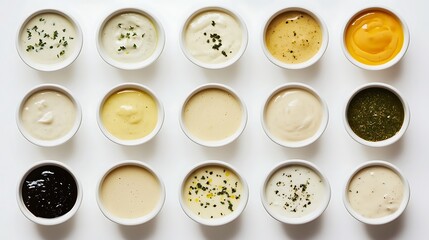Fototapeta premium Variety of Culinary Sauces: Appetizing Selection of Creamy and Flavorful Condiments Displayed in Small Bowls on a Clean White Surface.
