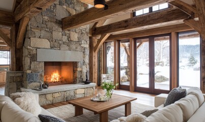 winter cabin interior with stacked stone fireplace, timber beams, warm light, large glass doors showing snowy landscape, rustic luxury 