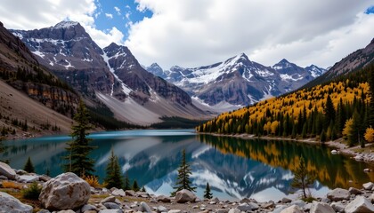 a serene landscape featuring a lake with clear waters reflecting the surrounding mountains. the lake is nestled within a mountainous region with rugged terrain