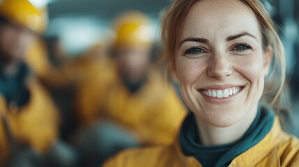 A smiling woman in safety gear stands confidently with a supportive team in the background, representing camaraderie and positivity within a collaborative work environment.