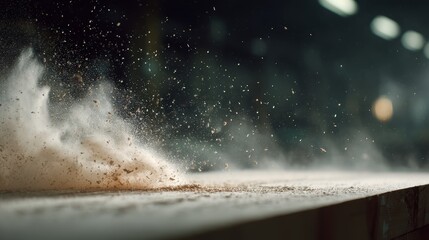 Highspeed woodworking drill in action capturing flying sawdust and wood shavings, dynamic closeup with motion blur and textured surface, industrial workspace ambiance with copy space on the right