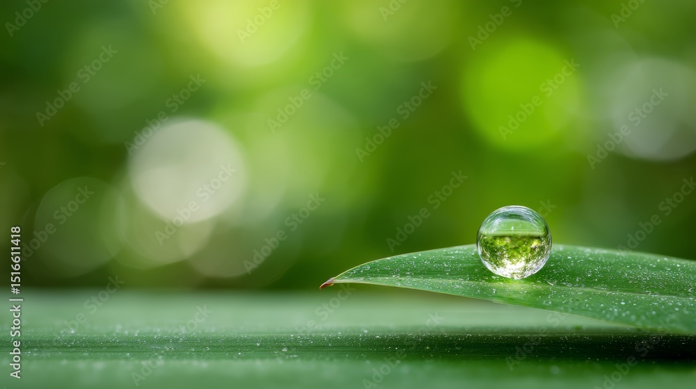 Aufkleber closeup of a dewcovered green leaf with water droplet reflecting a lush forest background under soft