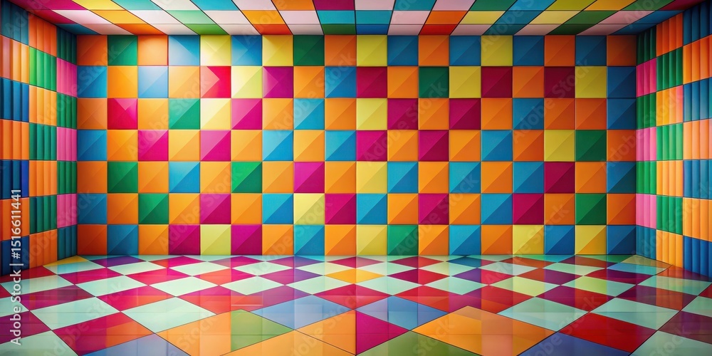 Poster Vibrant multicolored tile room with geometric patterned walls and floor, offering a cheerful and playful backdrop for various creative projects.