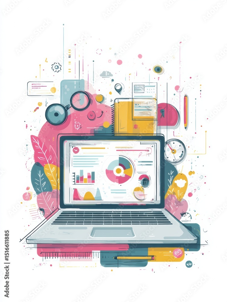 Poster open laptop surrounded by focus tools illustrating productivity and creativity in a workspace settin