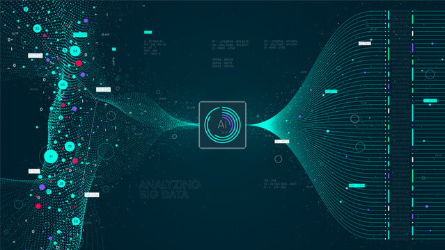 Big data visualization information flow sorting and analysis, database processing by computer algorithms and artificial intelligence, , virtual binary data stream, AI deep learning machine