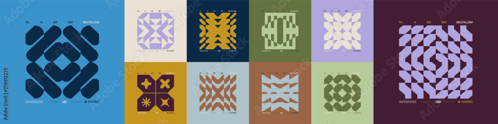 Poster kit of postmodern geometric compositions with abstract shapes in brutalism aesthetics, mosaic of bru