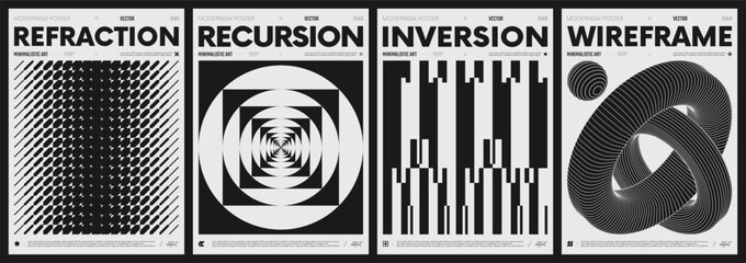 Modern abstract poster collection, vector minimalist posters with geometric shapes in black and white, brutalist style inspired graphics, bold aesthetic, shape distortion effect set 16