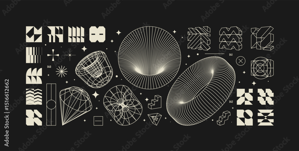 Poster vector graphic assets kit acid style, postmodern abstract geometric shapes with wireframe elements o