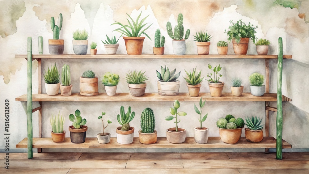 Aufkleber a rustic wooden shelf displaying an array of diverse succulents and cacti in earthenware pots agains