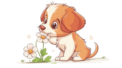 Playful Cartoon Dog Biting Flower Vector Illustration