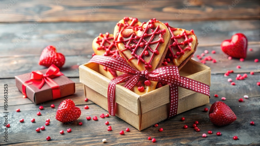Poster a delightful gift box overflowing with heart-shaped cookies, adorned with a festive red ribbon and s