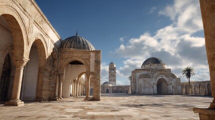 Fototapeta premium Ancient Mosque Courtyard Serenity Domed Structures Columns Islamic Architecture Middle East Travel