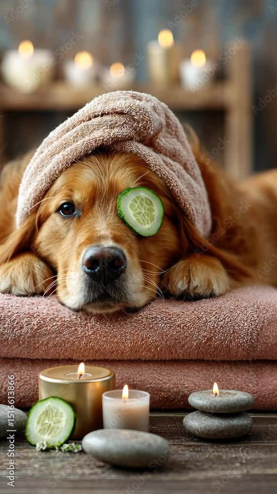 Poster cozy golden retriever relaxing at a spa with cucumbers on its eyes and candles lit in a serene setti