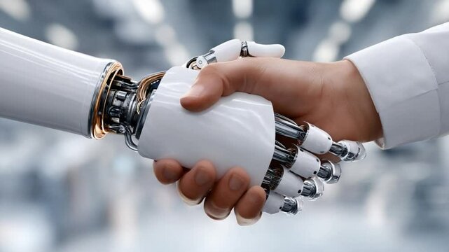Partnership of the Future: A human hand clasps the metallic grip of a robot, symbolizing the future of collaboration between humans and artificial intelligence.