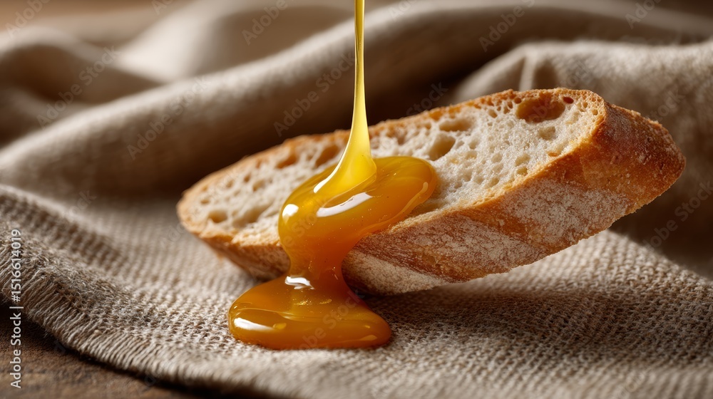 Poster closeup of a rustic bread slice with rich caramel sauce dripping onto it, set on a textured wooden t