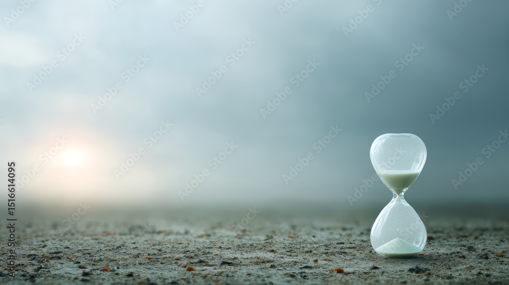 Aufkleber Glowing ethereal hourglass floating above foggy barren plain with soft light rays breaking through in a fantasy time concept scene