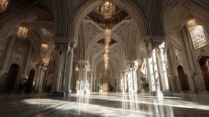 Obraz premium Grand Hall Sanctuary Arches Ornate Detail Pillars Islamic Architecture Lights Interior Design Palace
