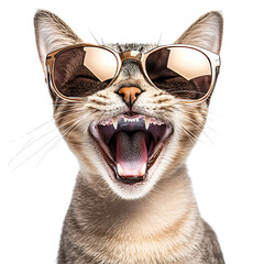 Cool Cat: A close-up shot of a playful cat is wearing sunglasses, the cat is looking at the viewer.