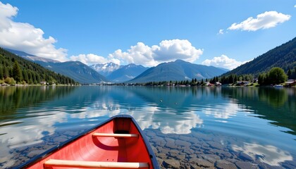 a serene lake scene with a red canoe resting near the shore. the calm water reflects a clear blue sky and the surrounding mountains, which rise majestically in the background