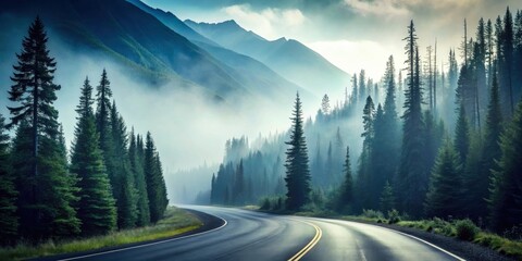 Serene Misty Mountain Road Winding Through Evergreen Forest