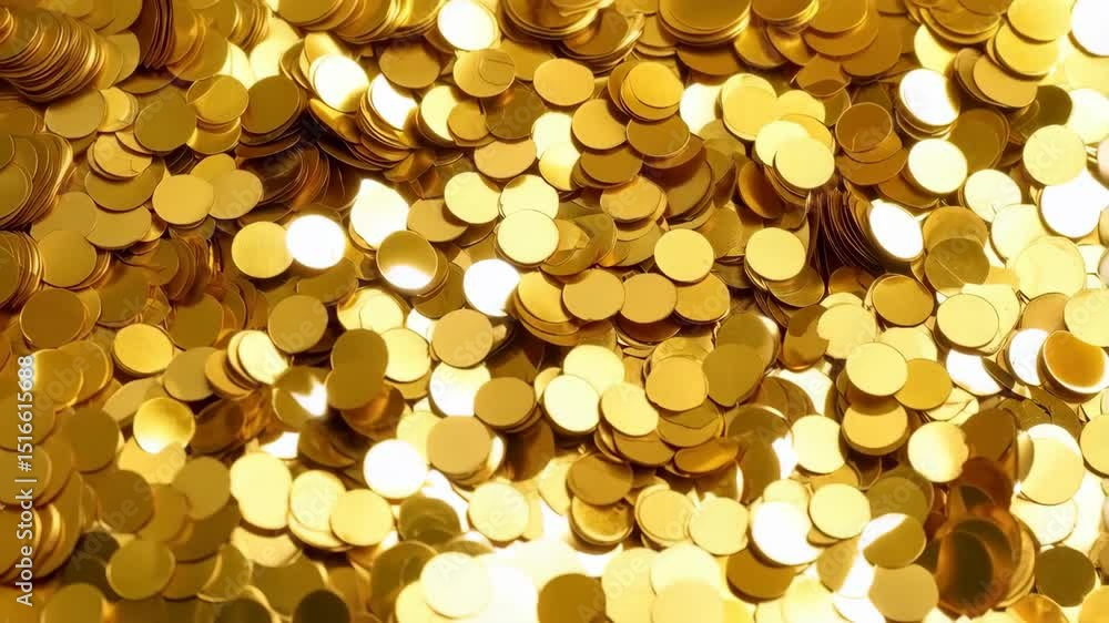 Poster close-up shot of shiny golden metallic confetti scattered abundantly on a flat surface, illuminated 