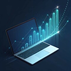 Futuristic Laptop with Glowing Bar Charts Flying Outward in Holographic Data Trails on Dark Background – Business Growth, Digital Analytics, Startup Metrics, and Tech Visualization Illustration

