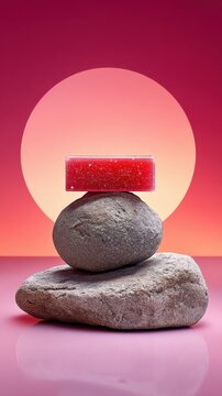 Vibrant pastel minimalist branding mockup. Serene Composition of Rocks and Soap Against Gradient Background with Sunlight Effect